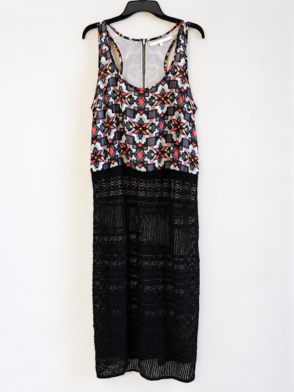 Black Crochet Midi Dress with Multicolor Printed Bodice